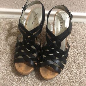 Guess wedges black with cork bases size 7